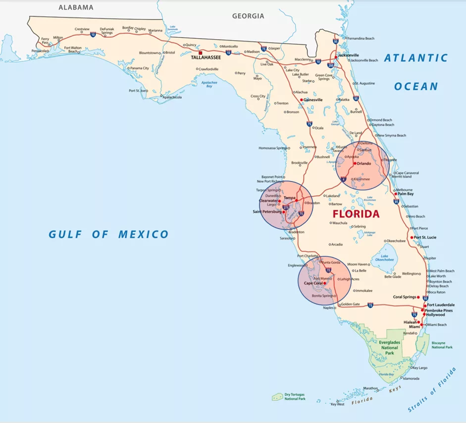 Map of Florida highlighting the main service areas of Royalty Roofing